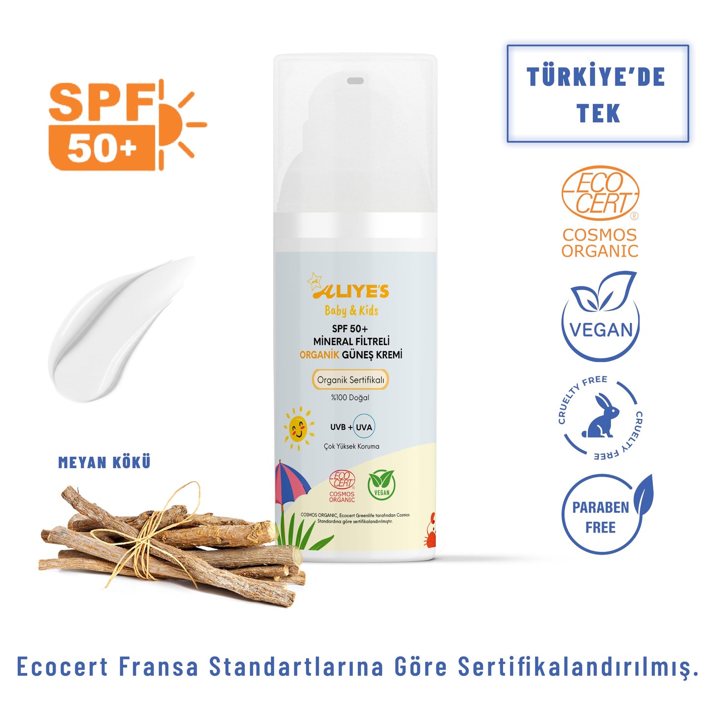 ALIYES SPF 50+ Organic Baby&Kids Mineral Sunscreen – Safe for Babies - Water Resistant Sun Cream – Broad Spectrum UVA/UVB Sun Protection – Vegan Baby Sunscreen Lotion, 1.69 FL