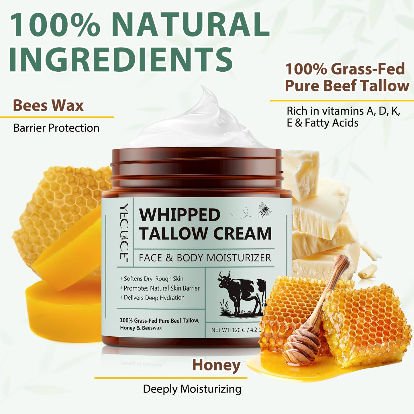 Liefiet Beef Tallow for Skin, Tallow and Honey Balm 4.2oz, Moisturizer Face and Body, 100% Grass Fed Whipped Beef Honey Cream (2Pack)