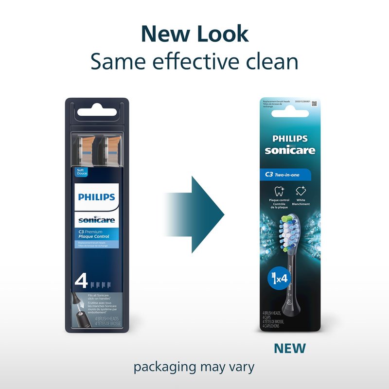 Philips Sonicare C3 Two-in-One - Genuine Replacement Electric Toothbrush Heads, Black, 4 Pack One Year Supply, HX9044/95