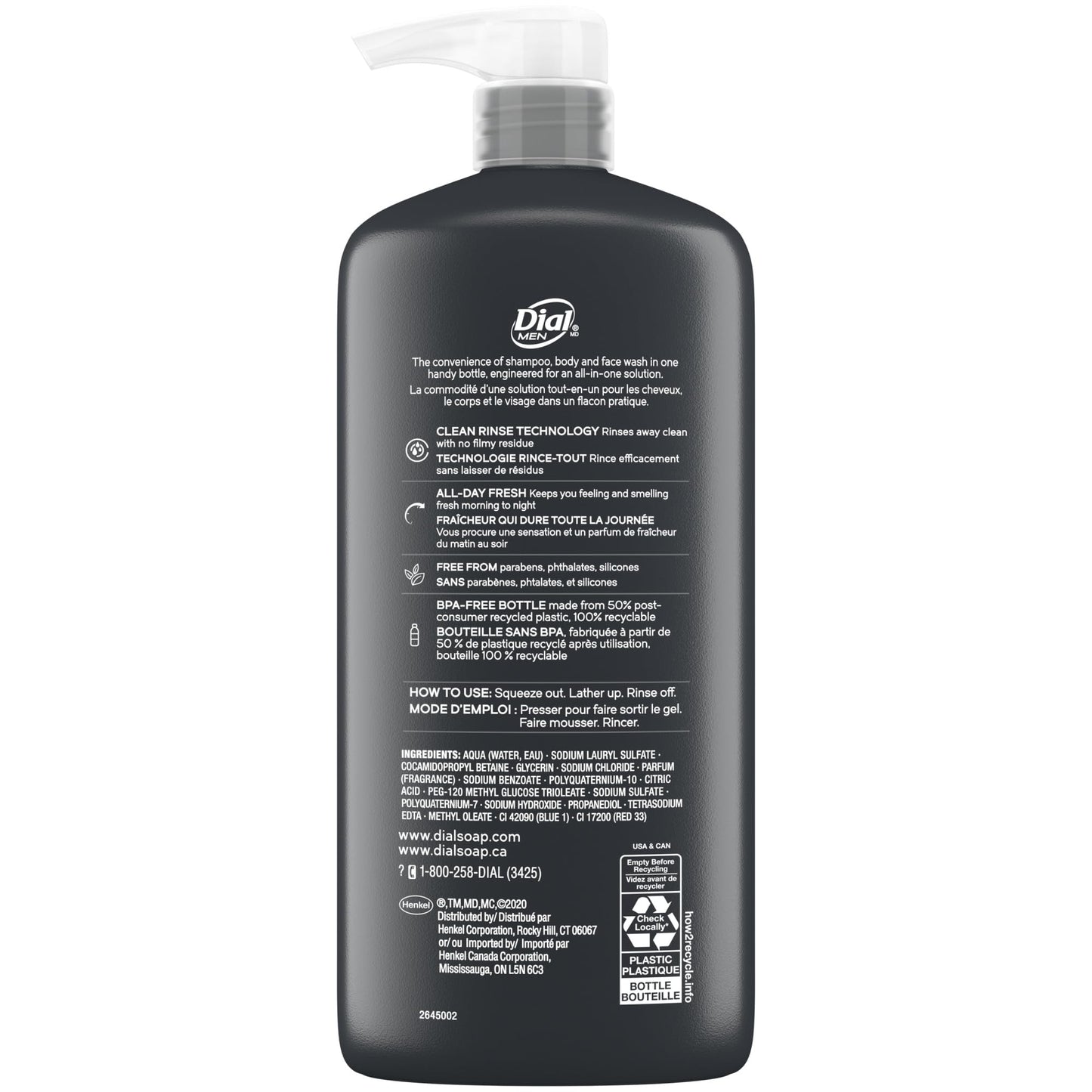 Dial Men 3 in 1 Body, Hair and Face Wash, Refresh, 16 Fl Oz, Pack of 3, Cleanses Deep + Gentle on Skin with Clean Rinse Technology