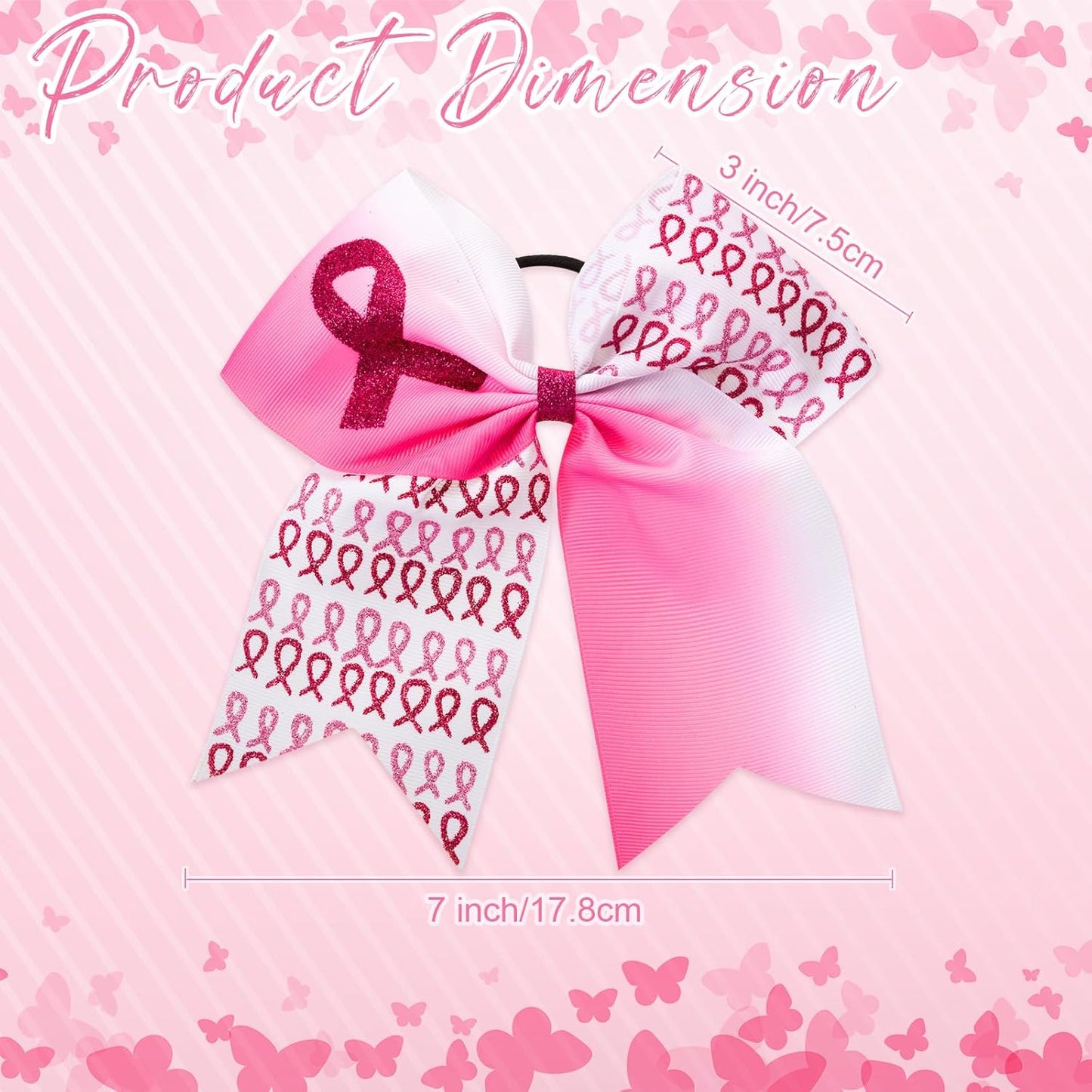 Breast Cancer Awareness Cheer Bows - 18 Pcs Pink Ribbon Hair Accessories for Teens & Women | 7 Inch Elastic Ponytail Holders