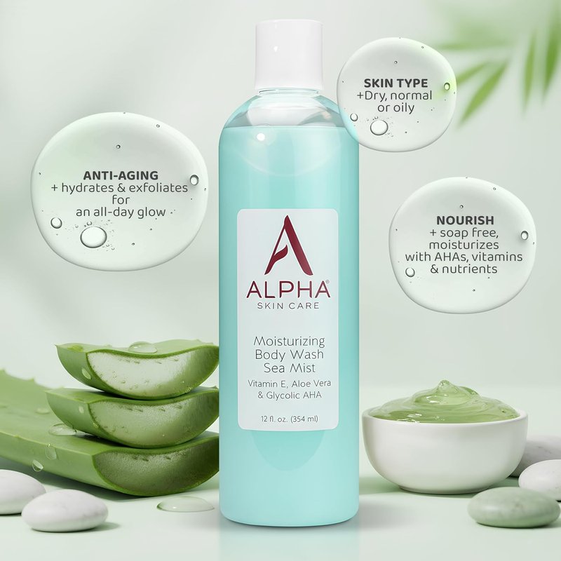 Alpha Skin Care Moisturizing Body Wash - Gentle Anti-Aging Formula with Glycolic AHA & Aloe Vera | 12 Oz