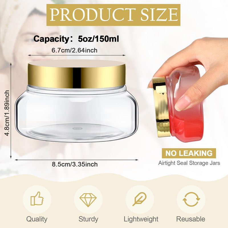 Mumufy Round Plastic Containers Plastic Jars with Lids Empty Travel Containers for Creams Refillable Cosmetic Jars for Lotions Body Scrub Body Butter(5 oz,Gold,Clear,48pcs)