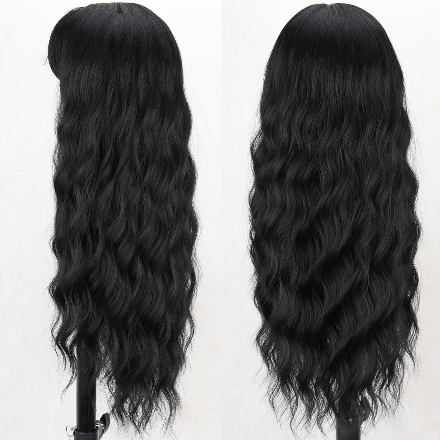 MERISIHAIR Long Black Wig with Bangs,26 Inches Synthetic Wavy Bang Black Wigs for Women, Women Long Curly Heat Resistant Hair Wig,Cosplay Selena Black Wig