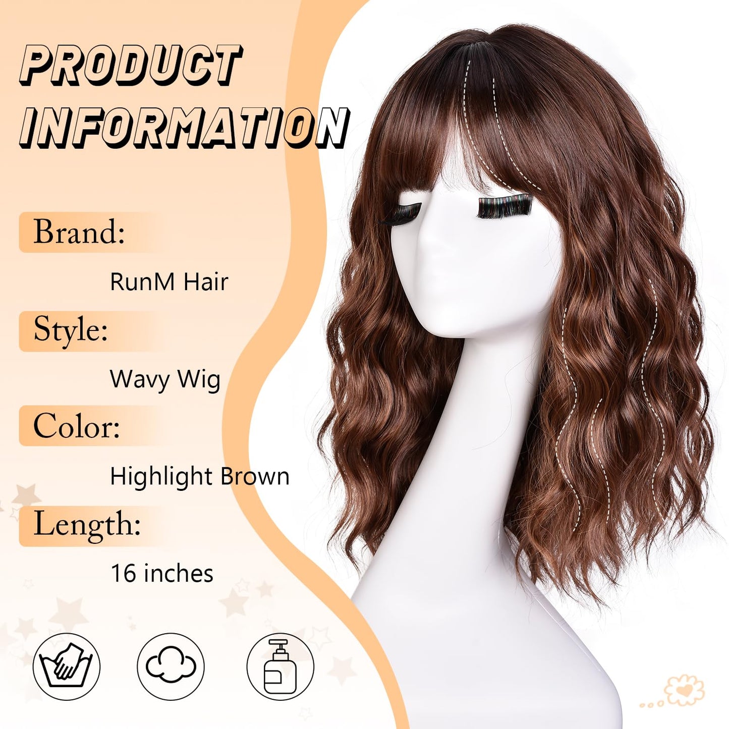 Short Bob Wavy Wig for Women - 18-Inch Highlight Brown Wig with Bangs | Shoulder-Length Hair for Halloween & Daily Wear