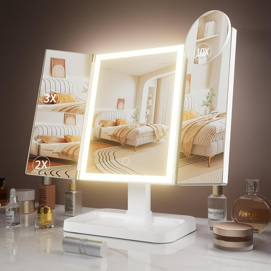Makeup Vanity Mirror with Lights - Rechargeable Lighted Mirror | 2X 3X 10X Magnification, 3 Color Options, Portable for Travel