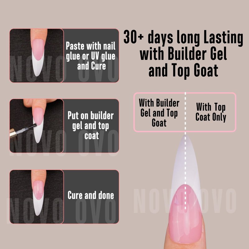 NOVO OVO Halloween XXL Curved Stiletto Almond French Tip Nail Tips Press on, BERRY PINK Full Cover Extra Thick Long XL Acrylic Hawk Curve Fake Extension Kit, Need Builder Gel, for DIY 12 Sizes 144 pcs