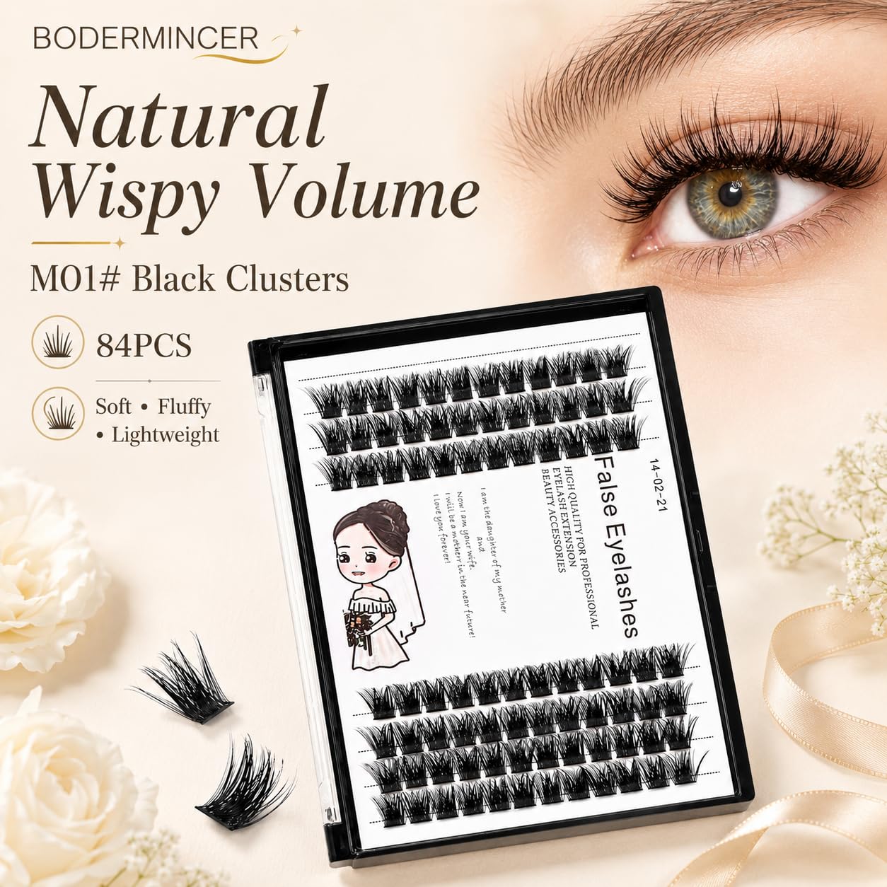 BODERMINCER Wispy Lash Clusters 84 PCS D Curl | Natural Fluffy DIY Eyelash Extensions Cluster Lashes | Lightweight Soft Volume False Lashes for Salon & Home Use (12MM)