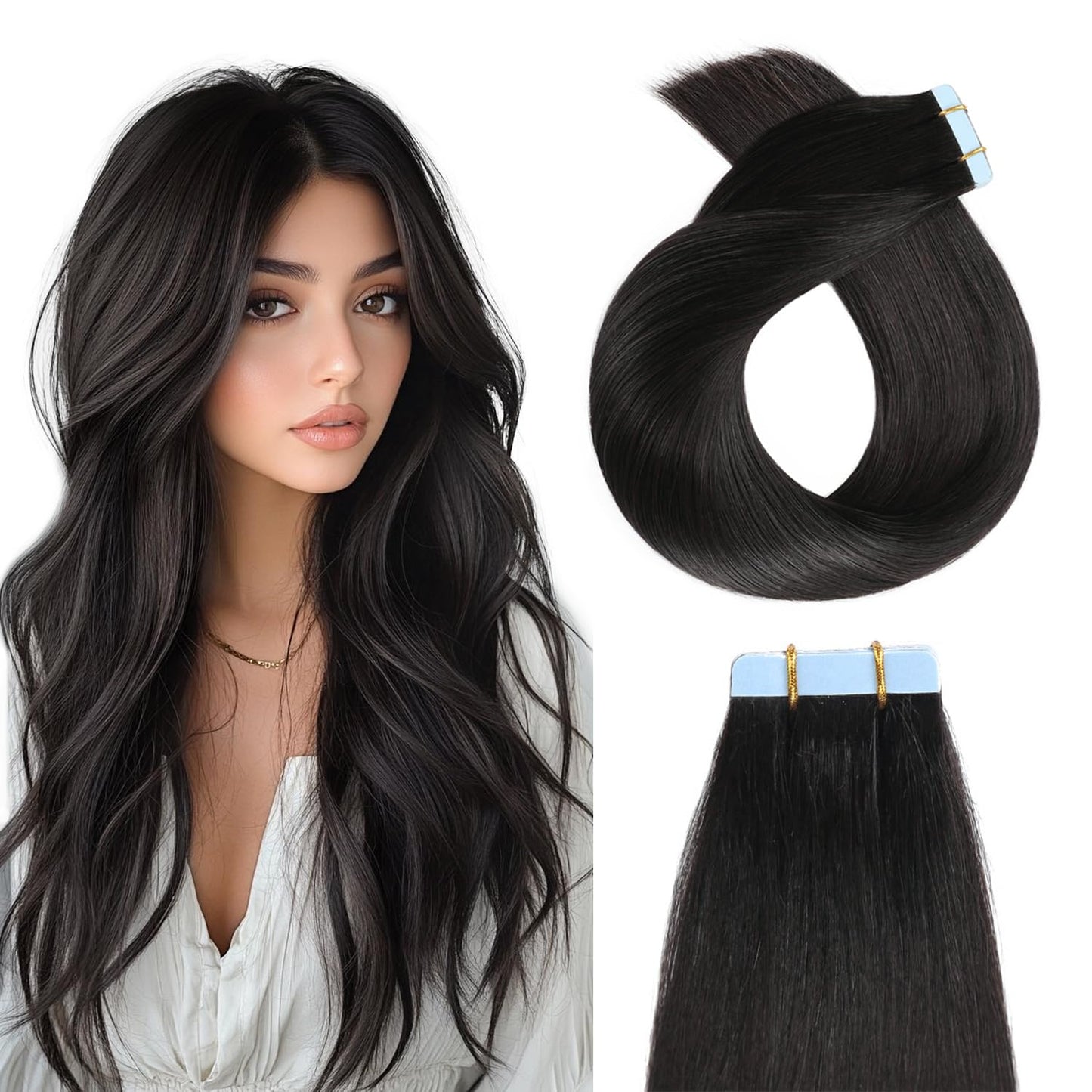 YILITE Tape in Hair Extensions Human Hair 16 inch 20pcs Off Black color 40g Silky Straight Premium Human Hai,Seamless Skin Weft Remy Hair 1b Tape ins(16 inch #1B)