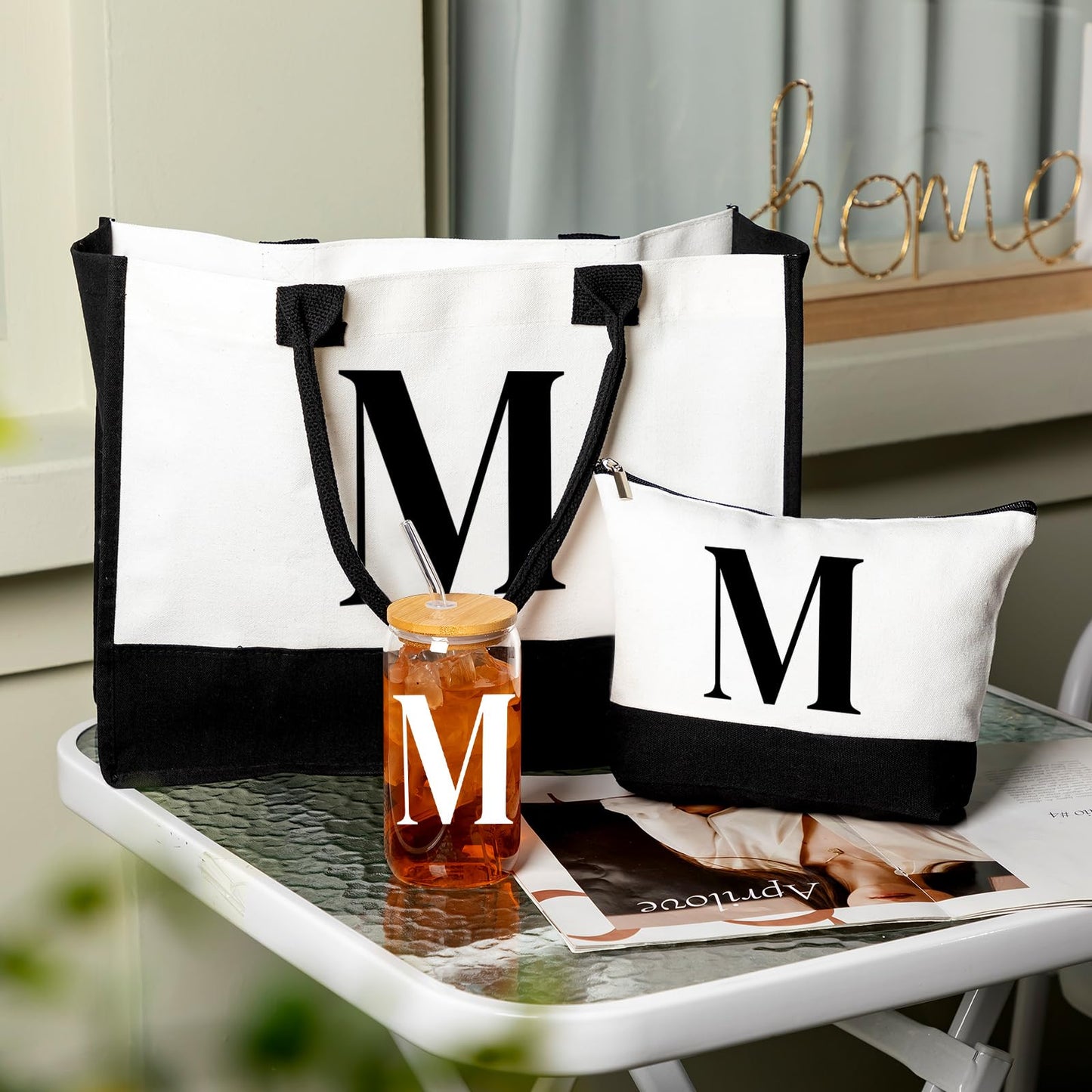 Aliceset Initial Gifts for Women Monogram Canvas Tote Bag and Makeup with Zipper and Initial Glass Coffee Cup Gifts for Her(Letter M)