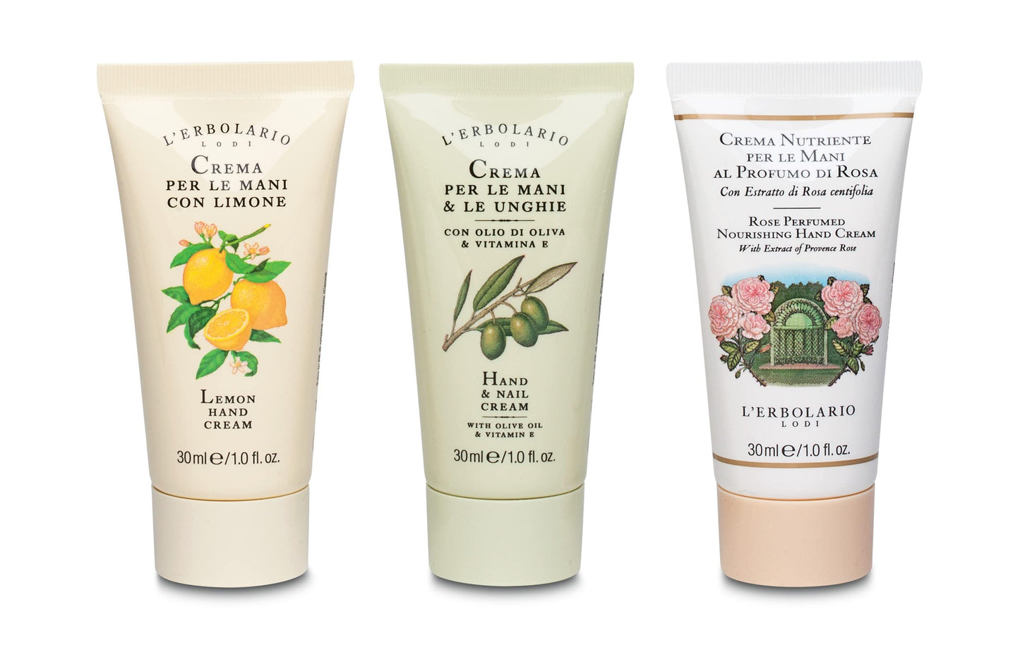 L'Erbolario Hand Cream Collection 2 - Olive Oil Cuticle and Nail Care Lotion - Lemon and Rose Perfumed Moisturizing Hand Lotion for Smooth Skin - 3 Pc