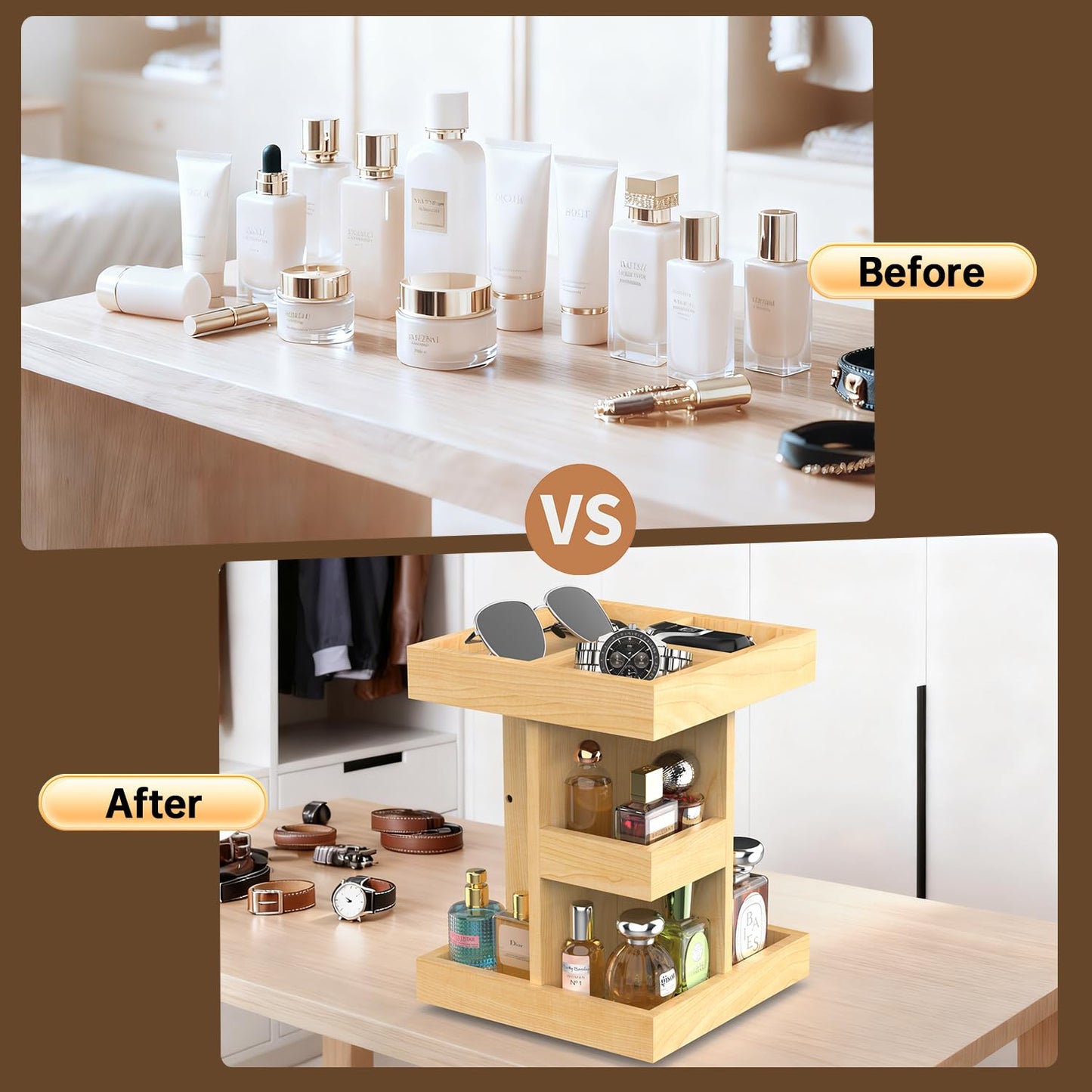 VLXXOI Cologne Organizer for Men Rotating Bathroom Counter Organizer, 3-Tier Solid Wood Storage Caddy, 360-Degree Rotating Stand, Burlywood (Burlywood A)