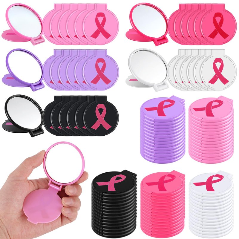 100pcs Breast Cancer Awareness Gifts for Women Pink Ribbon Mini Folding Makeup Mirror Bulk Round Pocket Portable Mirror Breast Cancer Awareness Accessories for Girls Survivor Party Favors Supplies
