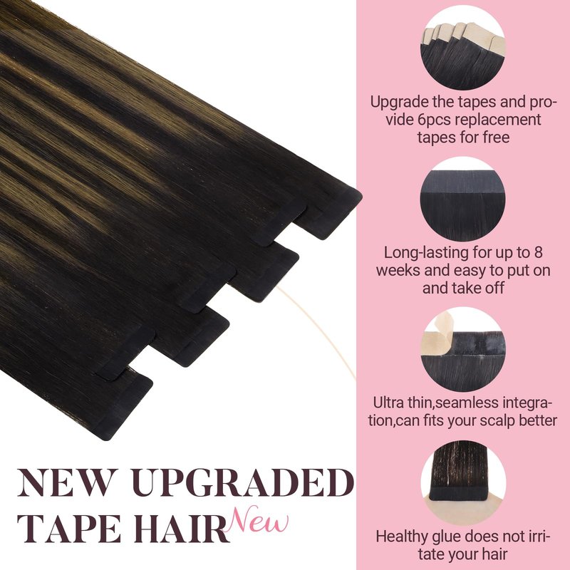 MAXITA Tape in Hair Extensions Human Hair 16 inch 50g 20pcs Balayage Dark Brown to Chestnut Brown Real Human Hair Extensions Real Remy Seamless Straight Hair Extensions for Women