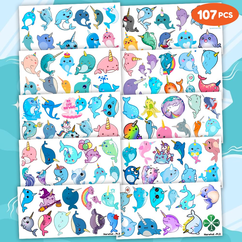 107 PCS Cute Narwhal Temporary Tattoos Themed Birthday Party Supplies Decorations Favors Decor Under The Sea Baby Tattoo Stickers Gifts For Boys Girls Class Prizes Carnival