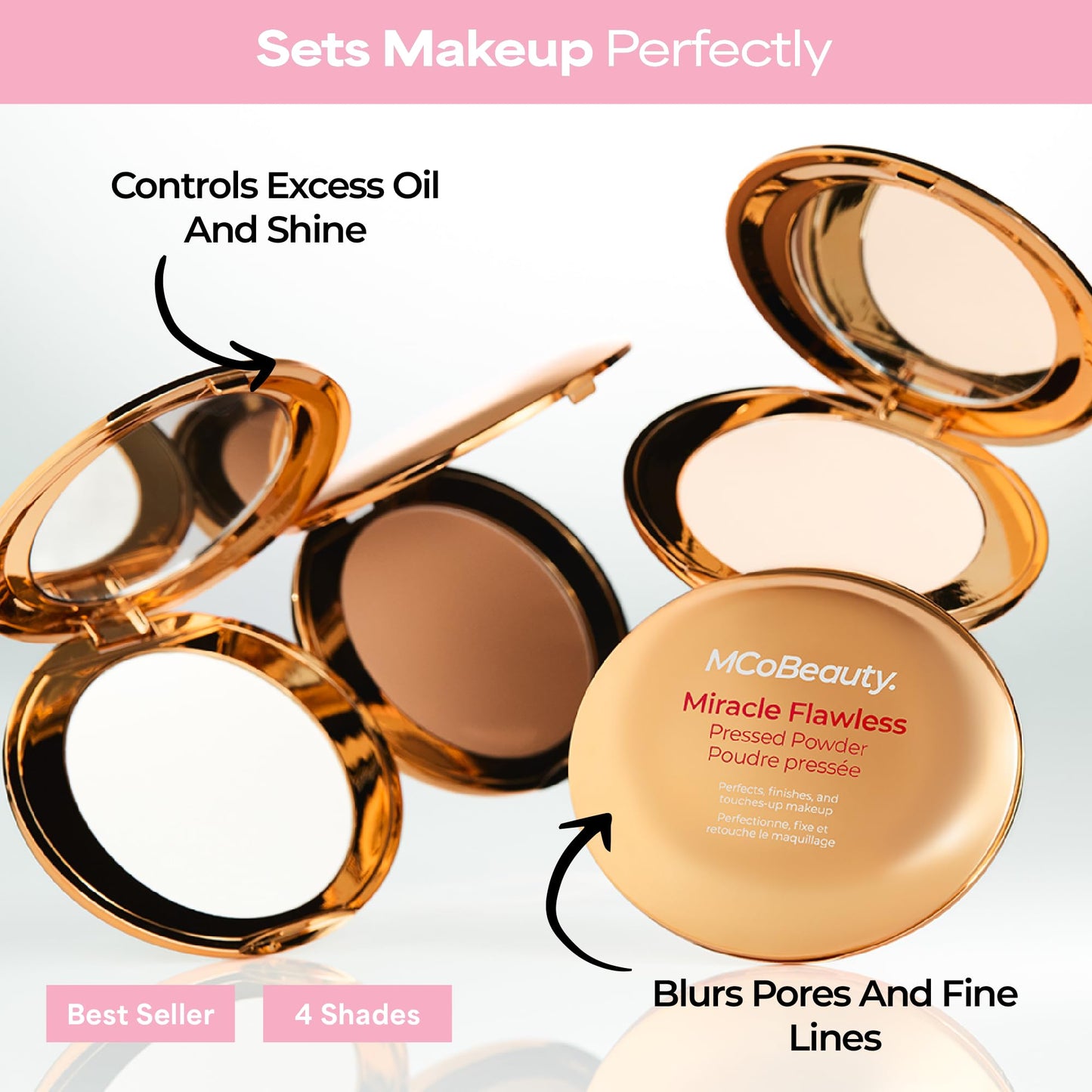 MCoBeauty Miracle Flawless Pressed Powder - 3 Medium Warm - Soft Focus Blurring, Finishing & Setting Powder - Face Makeup Compact with Rose Flower Extract Sweet Almond Oil - Vegan & Cruelty Free