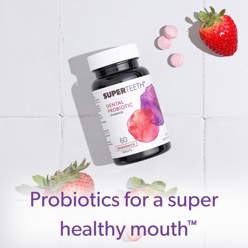 SuperTeeth Oral Probiotics for Mouth Bad Breath & Cavities, Oral Defense Dental Probiotic to Support Healthy Teeth & Gums, Lactobacillus Reuteri Chewable for Kids & Adults, 60 Strawberry Tablets