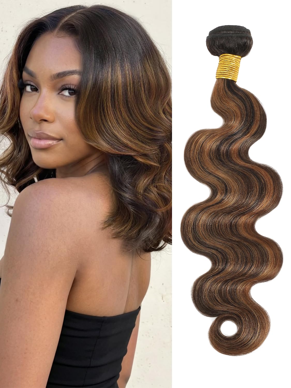 Anmetan F1B30 Highlight 14 Inch Bundles Human Hair Body Wave, 12A Thick Remy Hair Honey Blonde Highlight Black and Brown Single Wavy Bundle 100% Unprocessed Brazilian Human Hair Bundles Balayage Color
