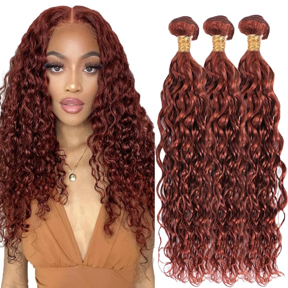 Reddish Brown Bundles Human Hair Water Wave Bundles #33 Copper Red 3 Bundles 12 14 16 Inch Brazilian Remy Auburn Brown Human Hair Extensions 300g Total Double Weft for Women