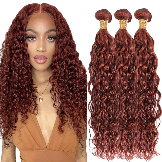 Reddish Brown Bundles Human Hair Water Wave Bundles #33 Copper Red 3 Bundles 12 14 16 Inch Brazilian Remy Auburn Brown Human Hair Extensions 300g Total Double Weft for Women