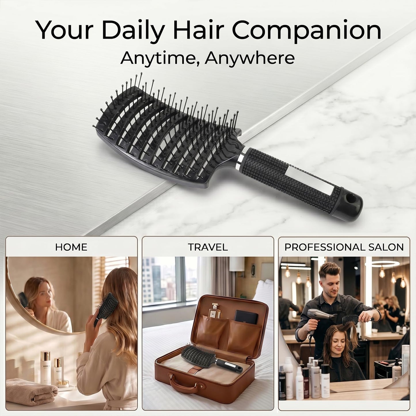FIXBODY Detangling Vented Curved Hair Brush for Women Men Kids Wet Dry Use (Black-Nylon)
