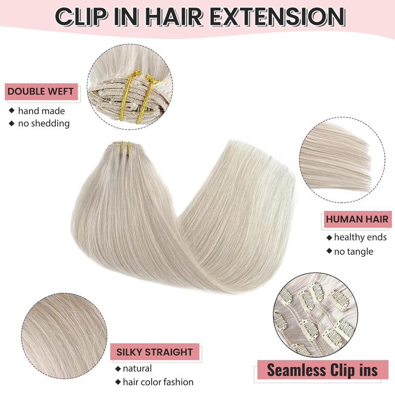 Clip In Hair Extensions - Ice White Virgin Remy Human Hair | 16 Inch, 7pcs, 70g Straight Hairpieces for Thinning Hair