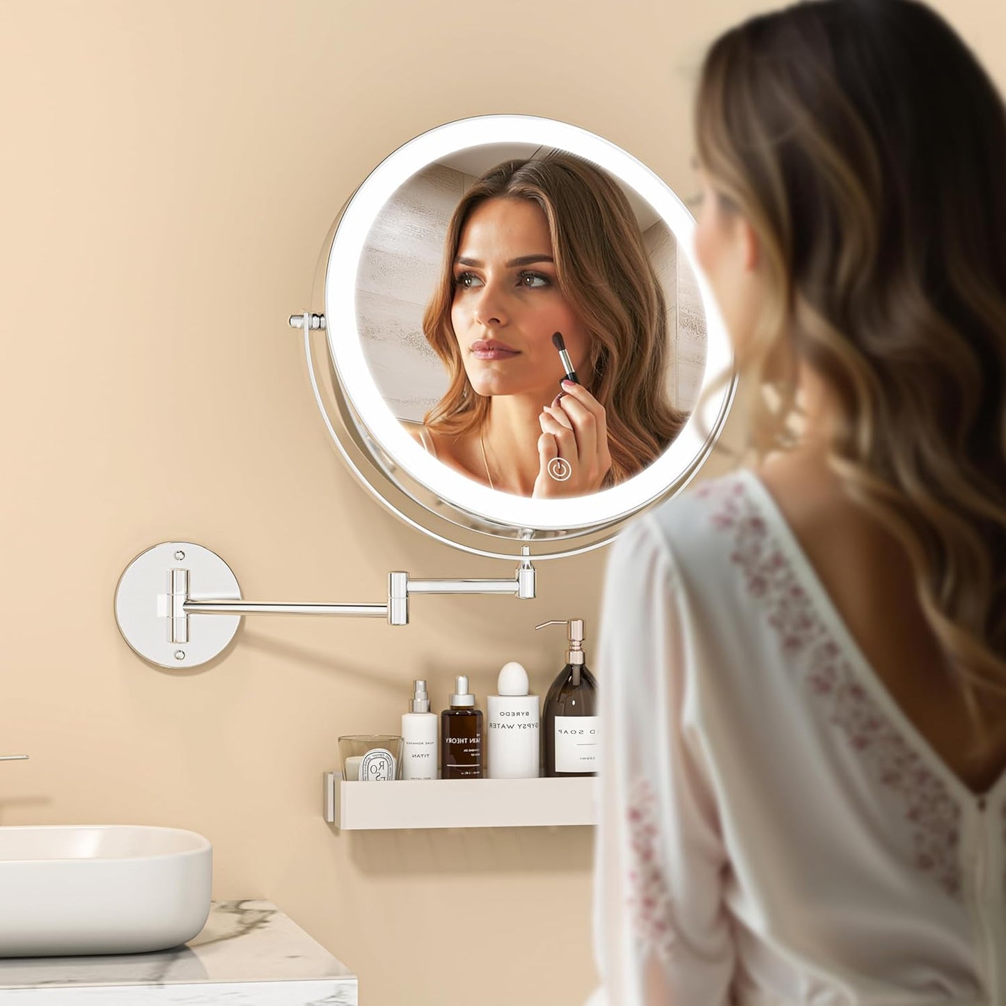 Wall Mounted Makeup Mirror with Light - 10” Double-Sided 1X/7X Magnification | Dimmable 3-Color Touch Control, 360° Rotation
