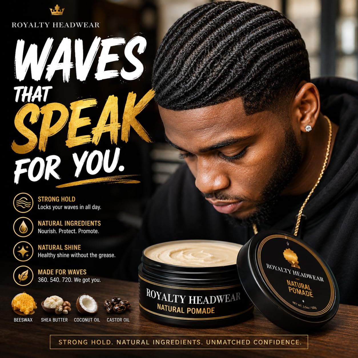 Royalty Headwear Natural Wave Pomade – Silky & Moisturized Hair, Strong Hold, Easy Wash – Men’s Grooming Supplies, Natural Ingredients (3.5oz)