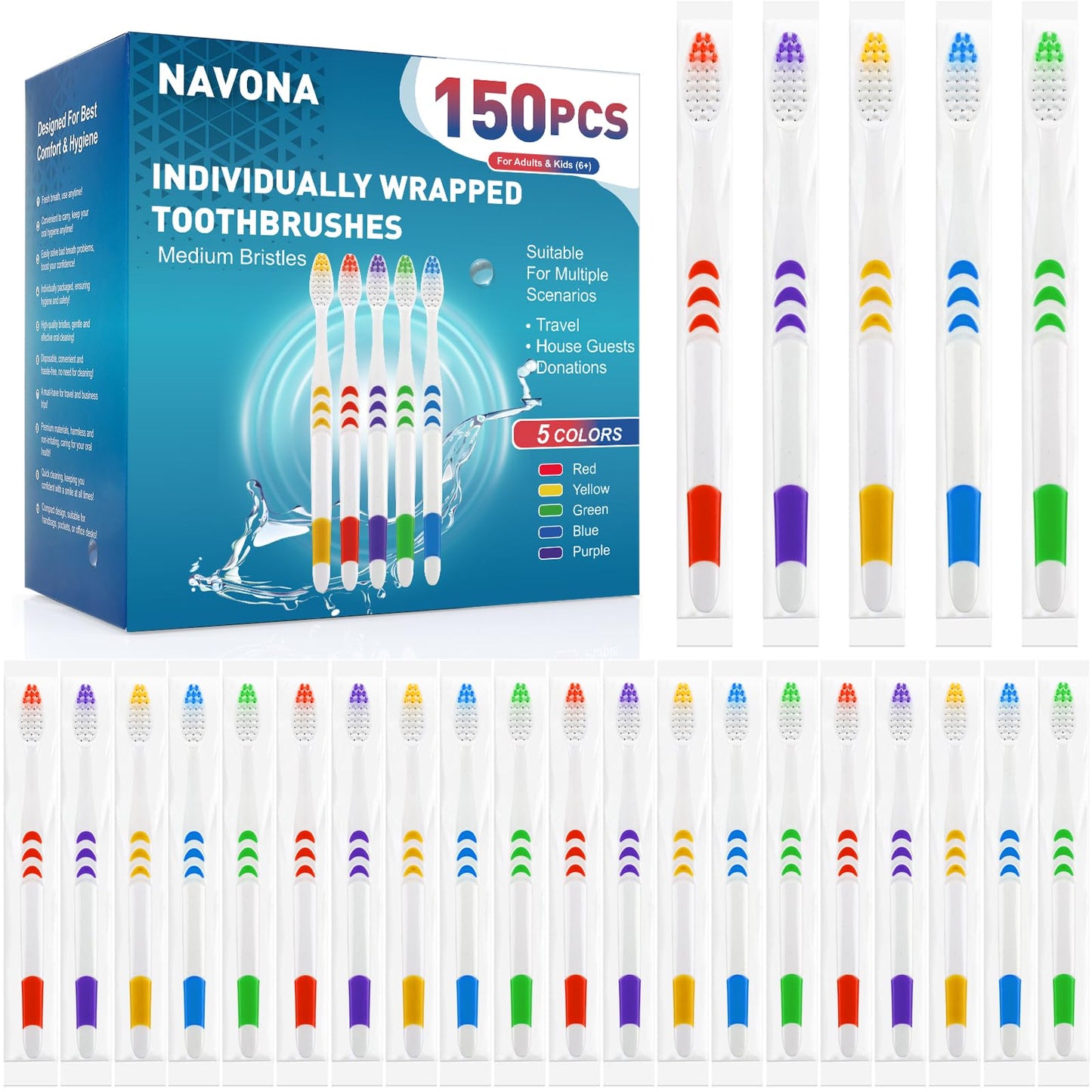 Navona 150 PCS Premium Individually Wrapped Bulk Toothbrush Pack, Disposable Toothbrushes, Kids Toothbrush, Medium Soft Bristle Toothbrushes, Ergonomics Handle, Perfect for Travel Hotel Donation