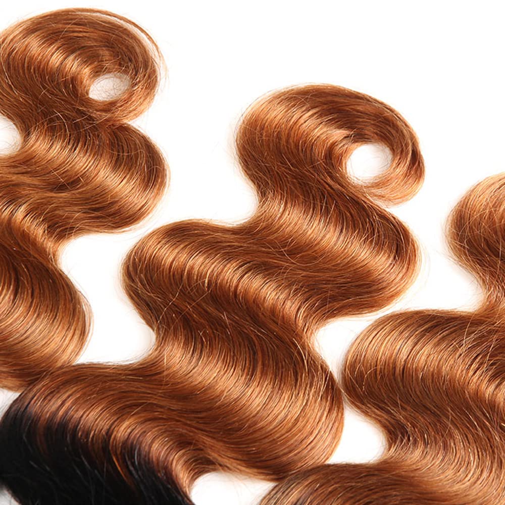 Ombre Body Wave Human Hair Bundles - Two Tone Black & Highlight Brown | 3 Bundles 8-10-12 Inch