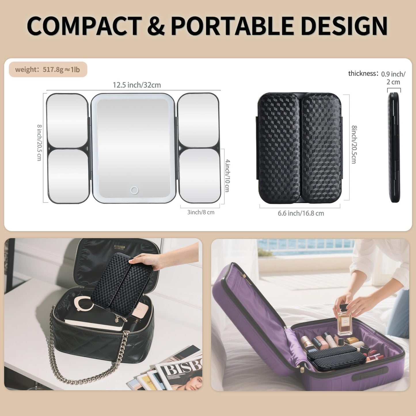 saiggnyy 5-in-1 Led Vanity Makeup Mirror,1X Full Face & 5x/10x/20x/30x Times Magnification for Close-up Makeup, Compact Travel Magnifying Mirror with Light, Trifold Mirrors with Stand (Cool Black)