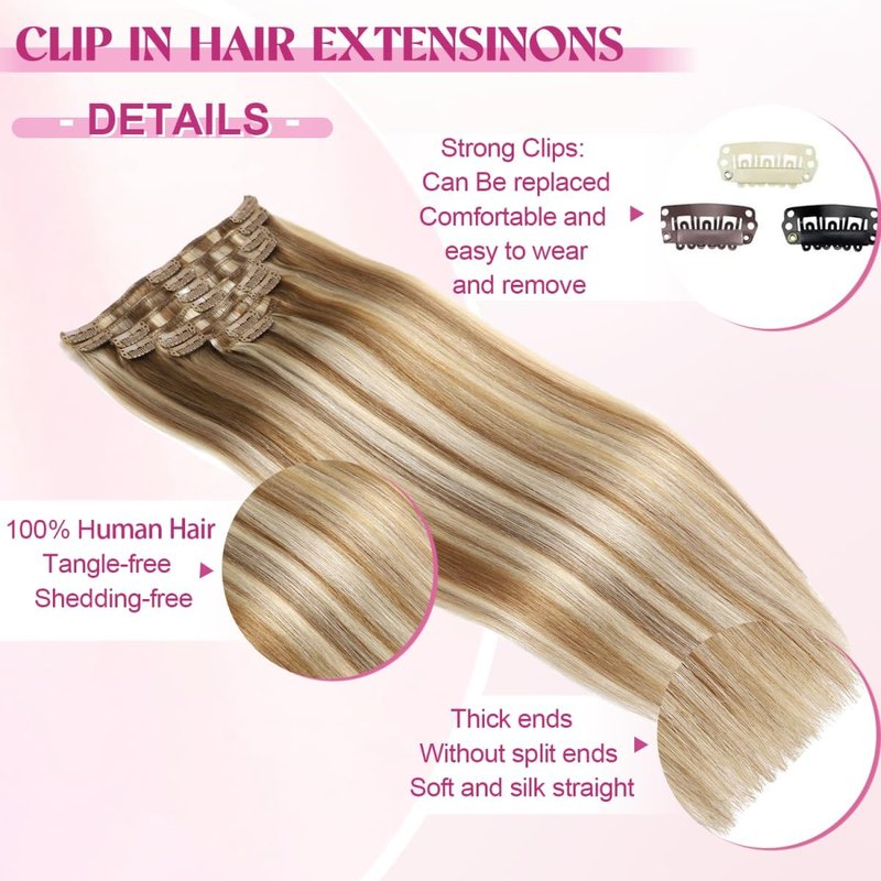 Tebelove Clip in Hair Extensions Real Human Hair 3.6oz/100g Clip ins 100% Human Hair Extension for Women 8pcs Per Set with 18 Clips Double Weft (16 Inch #16/22 Light Blonde to Golden Blonde)