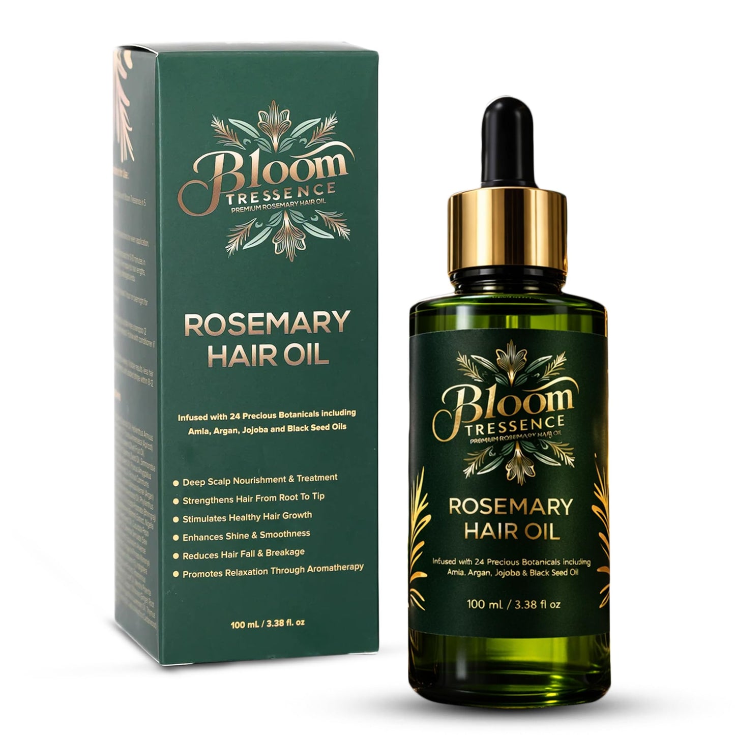 BLOOM TRESSENCE Premium Rosemary Hair Oil for Hair Growth – Anti Hair Fall & Scalp Treatment with 24 Botanical Oils (Amla, Argan, Castor & Jojoba) – For Thinning Hair, Regrowth & Thickness – 100ml