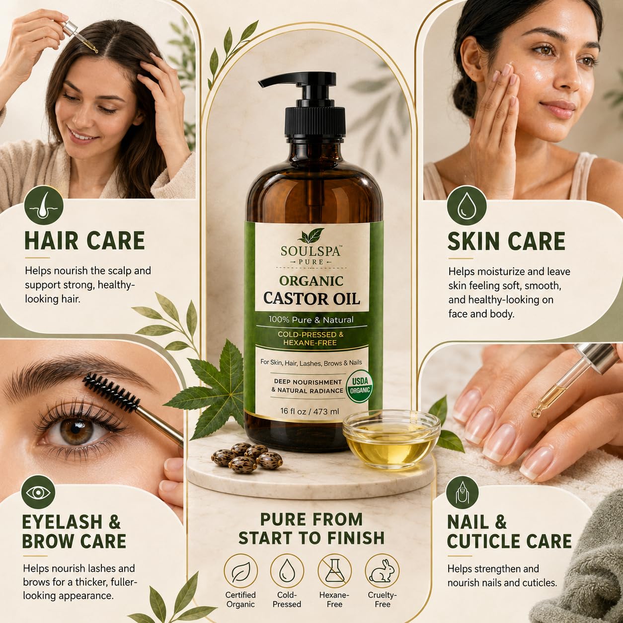 SOULSPA PURE Organic Castor Oil for Hair, Scalp, Skin, Face & Eyelashes | USDA Certified | 100% Pure Castor Oil Organic Cold Pressed Unrefined Glass Bottle, Hexane Free 16 fl oz
