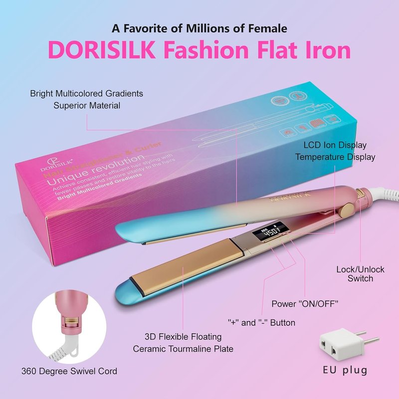 DORISILK 2-in-1 Ceramic Hair Straightener & Curler - 450°F Fast Heat, 1-Inch Dual Voltage for Women & Girls