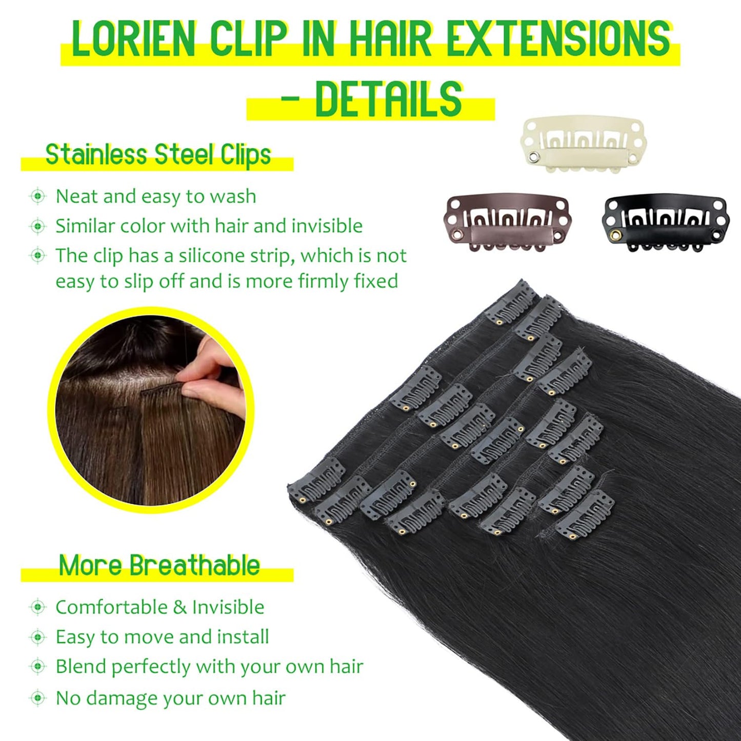 LORIEN Clip-In Hair Extensions - 100% Brazilian Remy Human Hair, 16 Inch, Jet Black, 8pcs Set with 18 Clips