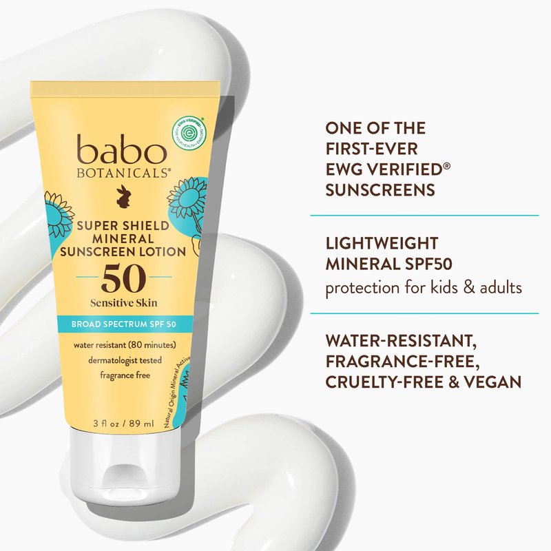 Babo Botanicals Sheer Mineral Sunscreen Lotion SPF 50 with 100% Mineral Active Ingredients for Babies, Kids or Extra Sensitive Skin, Lightweight, Water Resistant & Fragrance Free, Multicolor, Unscented, 3 Fl Oz