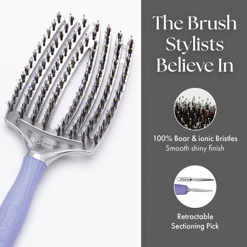 Olivia Garden Fingerbrush Combo Curved and Vented Paddle Brush for Blow Drying - Ionic and 100% Boar Bristles - For All Hair Types, Grande