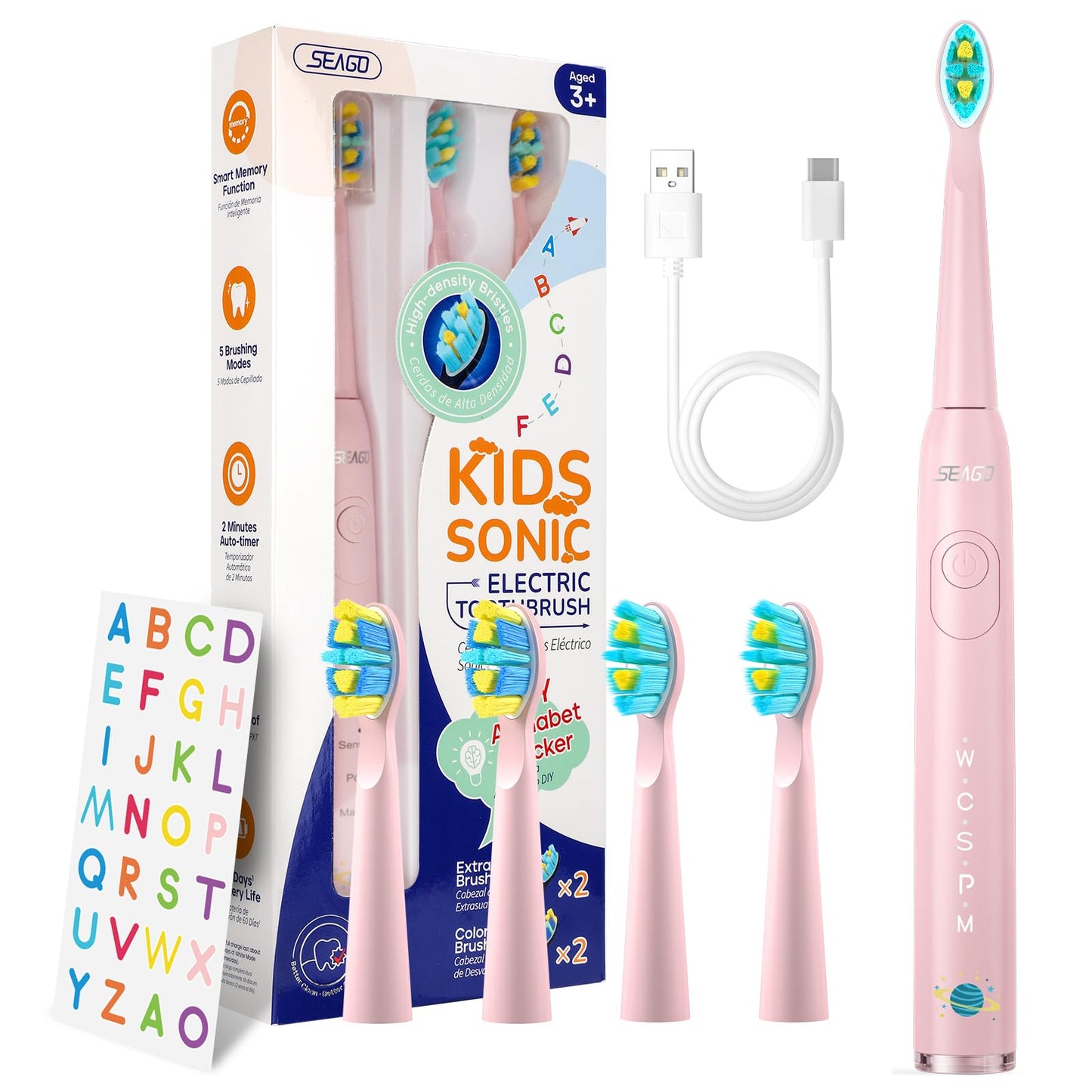 SEAGO Kids Electric Toothbrush, Sonic Soft Bristle Rechargeable Toothbrushes with DIY Stickers, 5 Modes, Includes 4 Replacement Brush Heads, Ages 3 to 12 Years Old (Navy)