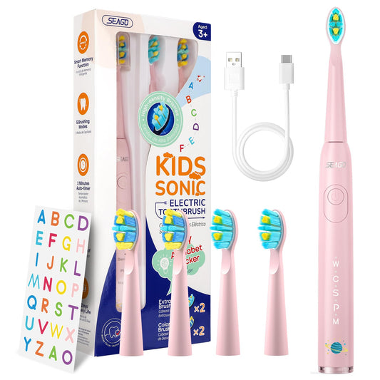SEAGO Kids Electric Toothbrush, Sonic Soft Bristle Rechargeable Toothbrushes with DIY Stickers, 5 Modes, Includes 4 Replacement Brush Heads, Ages 3 to 12 Years Old (Navy)