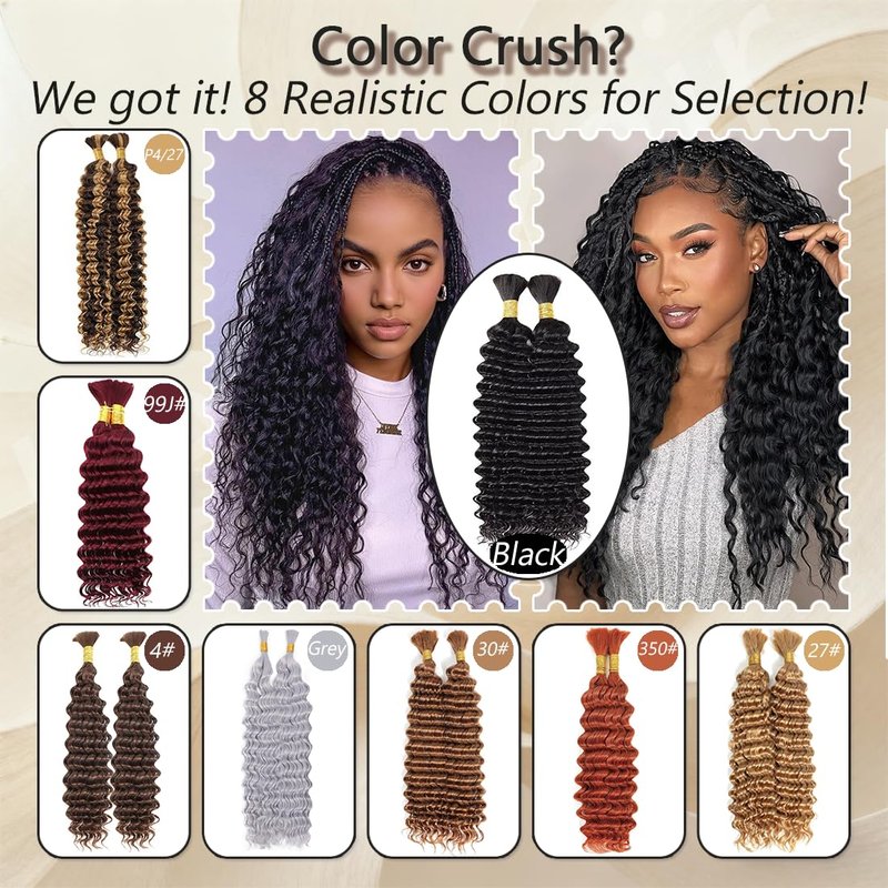 Leruikair Deep Wave Natural Black Human Braiding Hair 50g Per Bundle 2 Pcs Total 100g 16 Inch Brazilian Virgin Bulk No Weft Braiding Human Hair Natural Color for Black Women