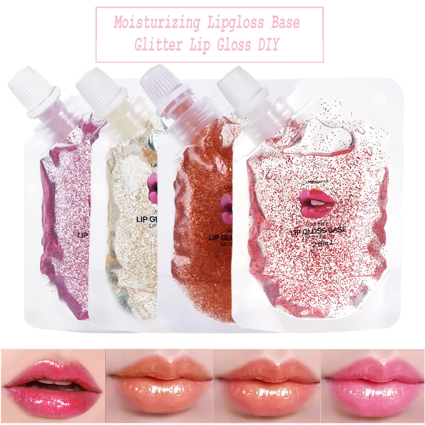 SUMEITANG 4 Color Glitter Lip Gloss Base Kit, Moisturize Lip Gloss Base Oil Material Lip Makeup Primers for DIY Handmade Making Lip Balms and Lipgloss Set(4 Pack x 20ML)