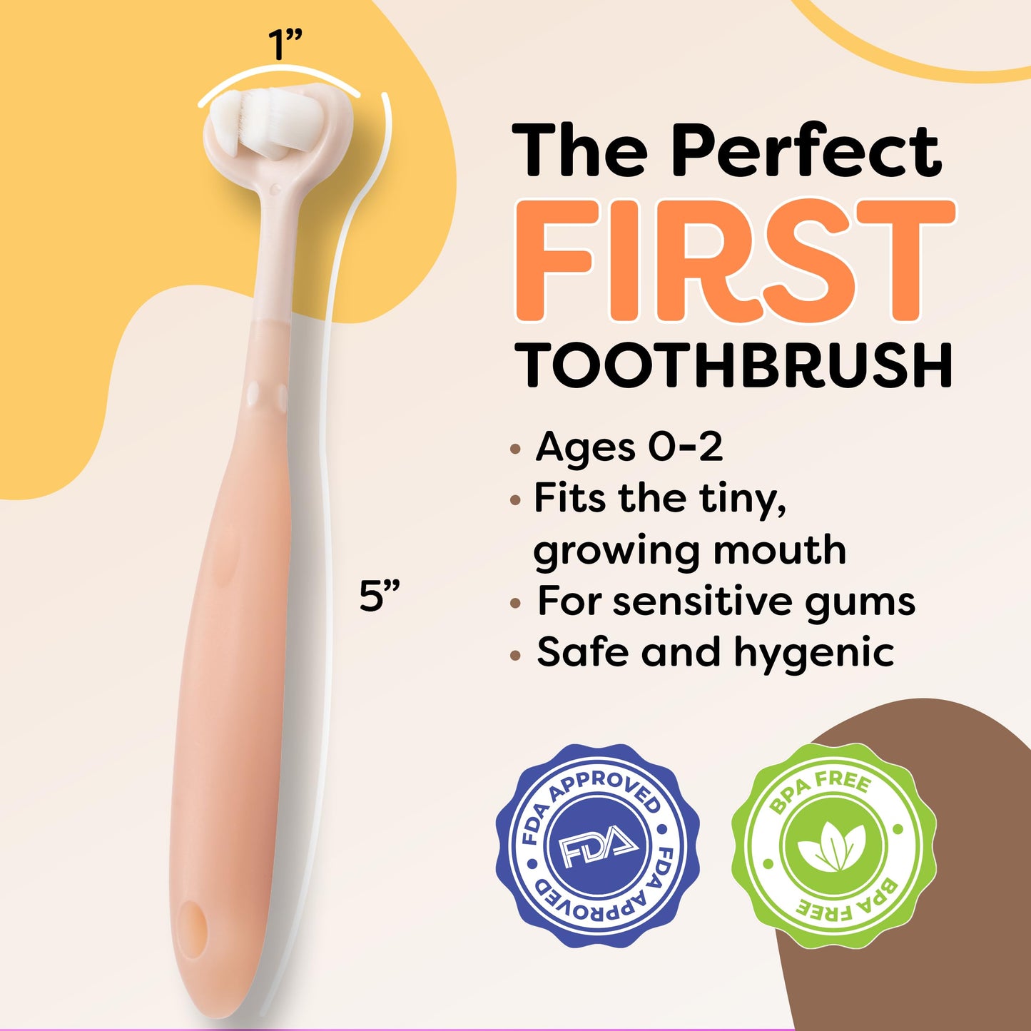 Trueocity Baby Toothbrush 12 Months and Up, Toddler Toothbrush, Extra Soft Toddler Toothbrushes 1-2 2-4, Toothhugger High Efficient 3 Sides,Infant Training Brush, 10,000 Ultra-Soft bristles (Apricot)