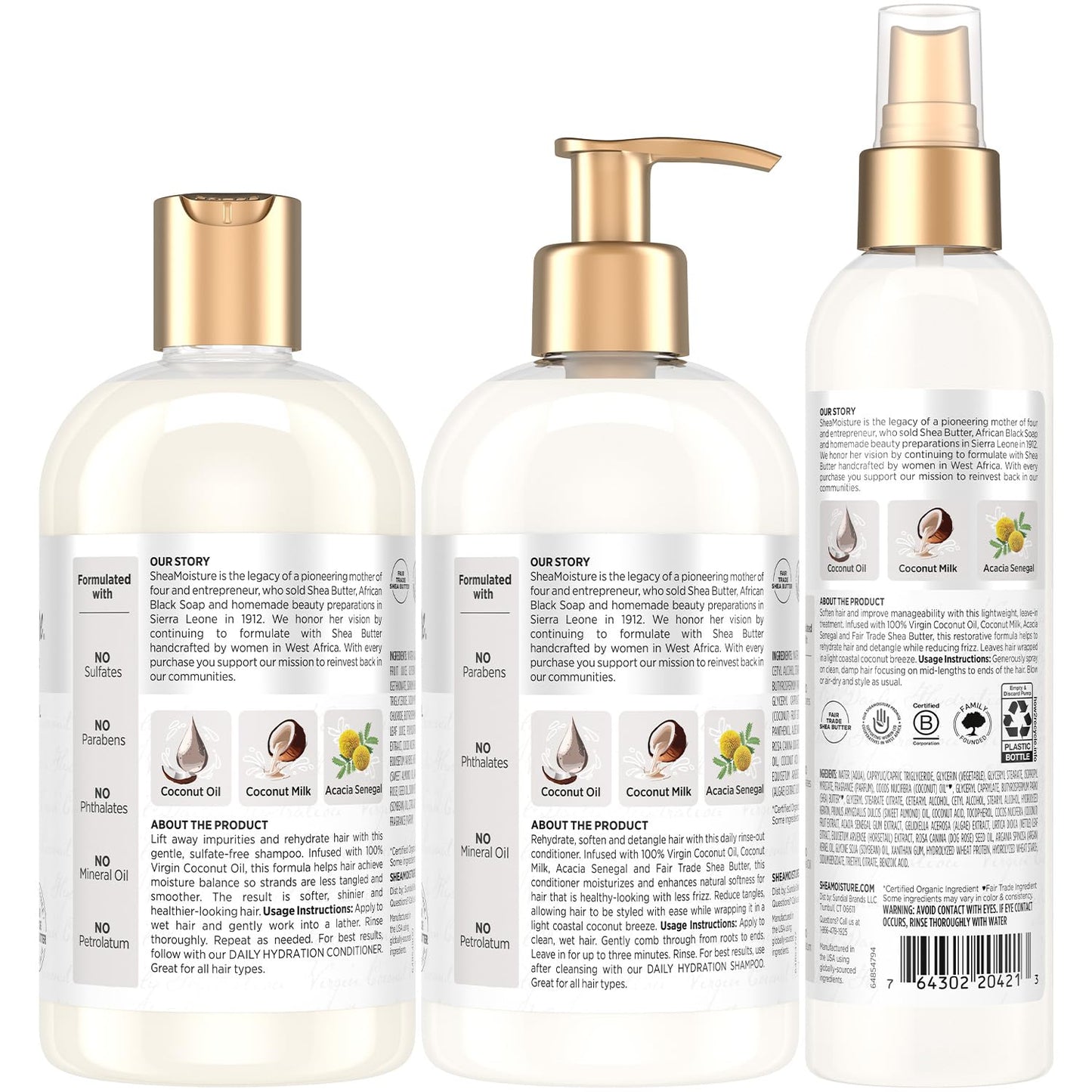 SheaMoisture Shampoo & Conditioner + Leave-in Treatment, Daily Hydration with Coconut Oil, Hair Detangler, Frizz Control, Cruelty-Free (3 Piece Set)