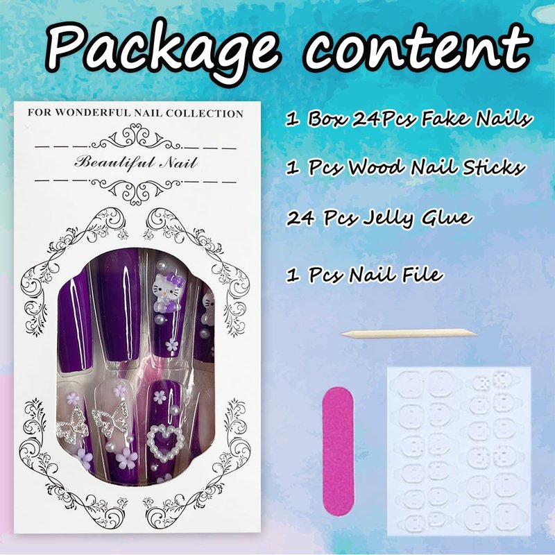 Cartoon Press Long Square Fake Nails - Purple French Tip, Heart & Butterfly Charm, Y2k Acrylic Nails, Full Cover False Nails for Women & Girls - 24 Pcs