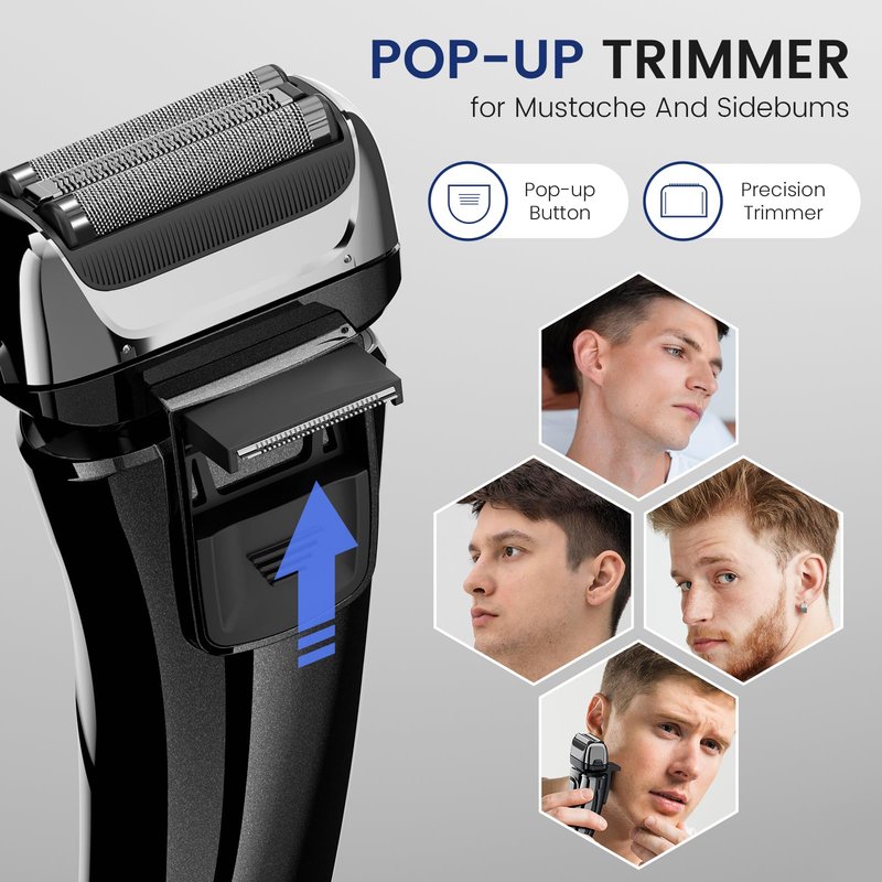 PRITECH Foil Shaver for Men, Electric Razor with Tight Foil Technology, Skin-Friendly Design, Easy Blade Replacement, Cordless Rechargeable with Pop-Up Trimmer, LED Display,Waterproof