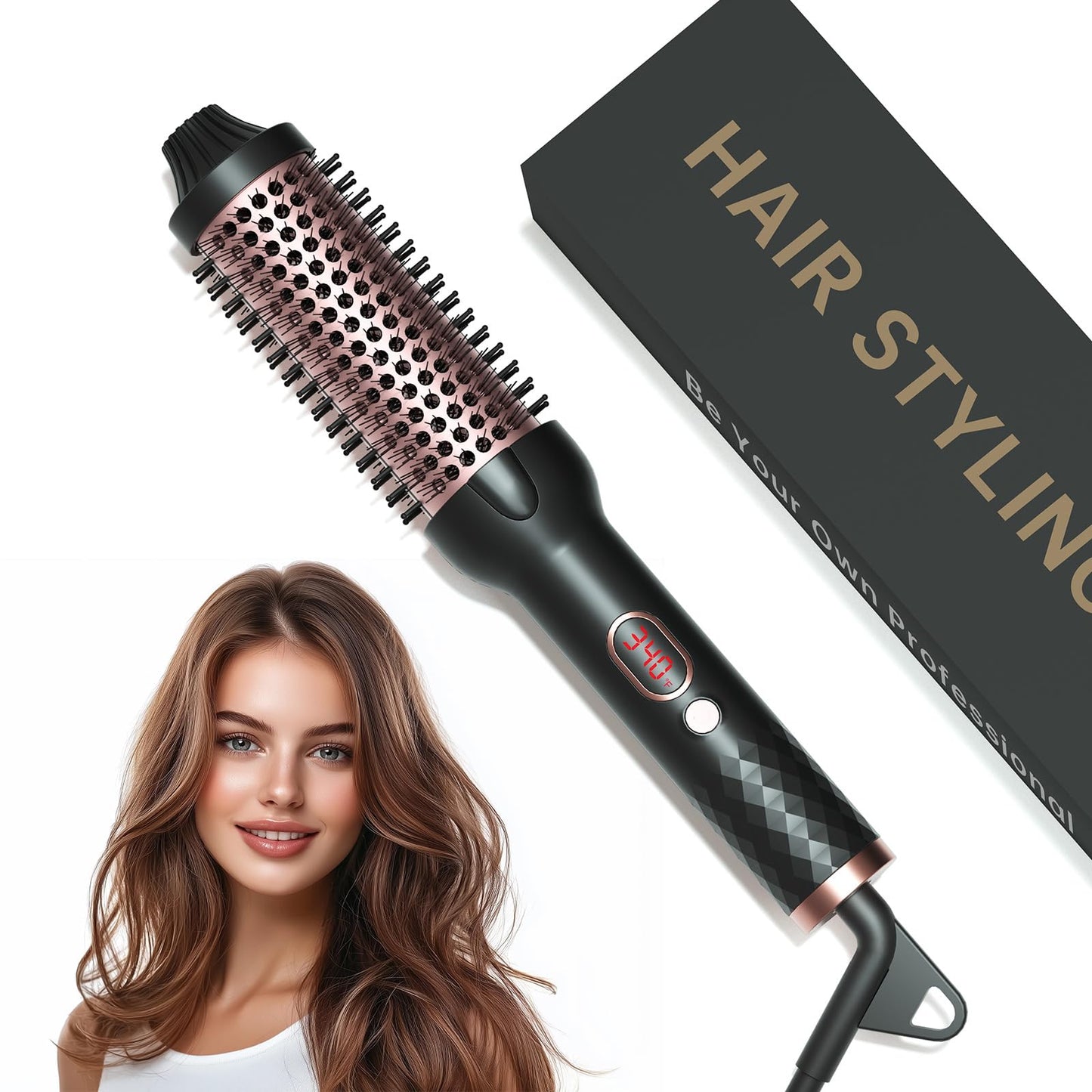 Thermal Brush, 1.5 Inch Heated Round Brush for Blowout Look, 30s Fast Heating Curling Brushes with 10 Temp Settings,Negative Ions & Ceramic for Volumizing, Travel Hair Styling Tool，Rose Gold