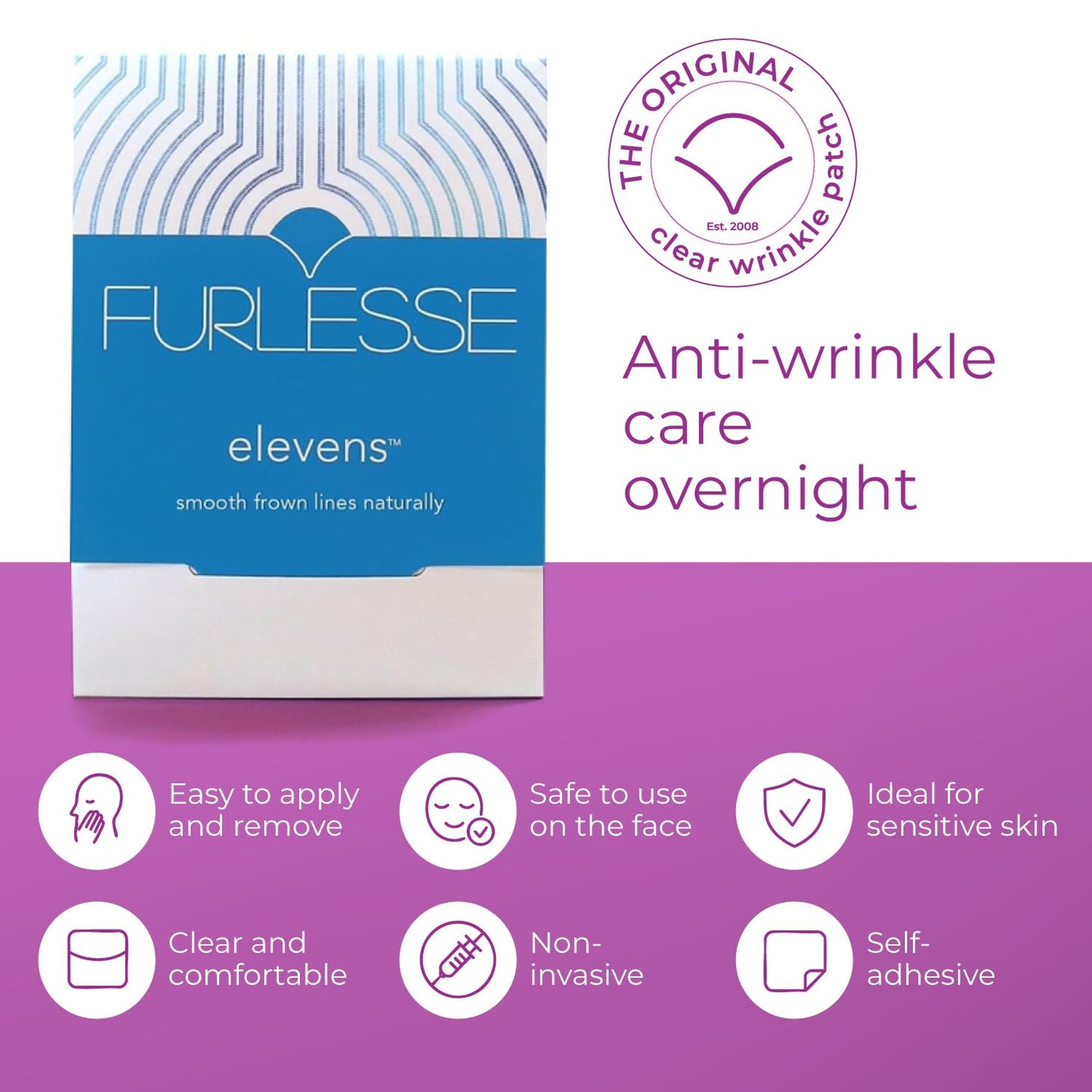 Furlesse Elevens Wrinkle Patches, Relax Fine Lines, Non-Invasive Anti-Wrinkle Tape for Frown Lines, Anti-Aging Skincare, 30-Count, 30-Day Use