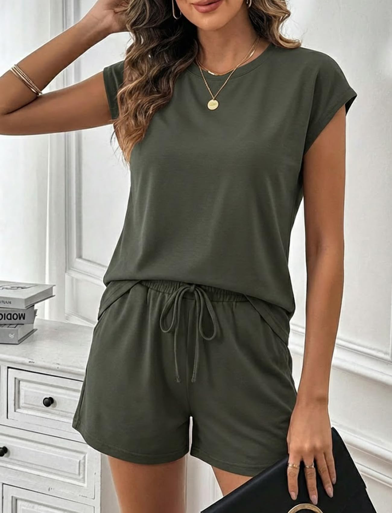 UpSpark Womens Short Sets Crew Neck Cap Sleeve Lounge Set Casual Summer Two Piece Outfit Loose Drawstring Shorts with Pockets
