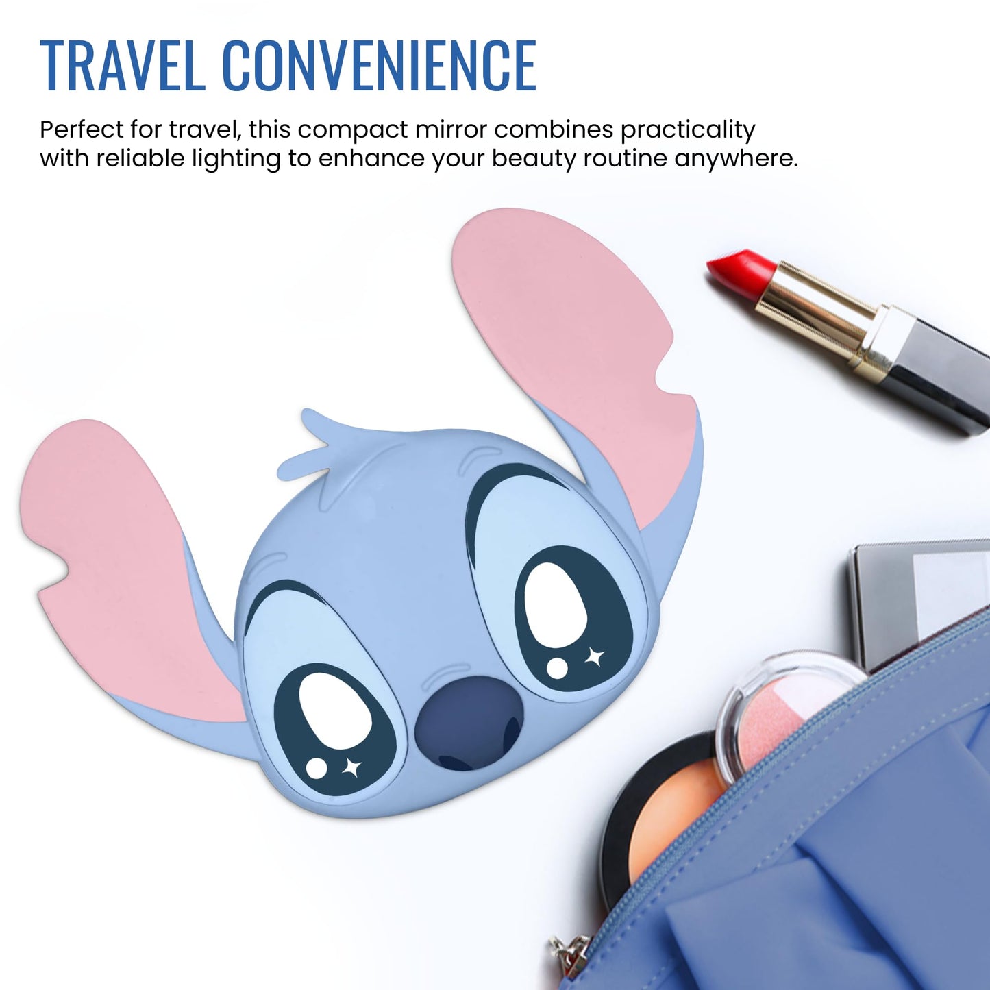 Impressions Vanity Stitch Ohana LED Compact Mirror with Lights, Lighted Travel Makeup Mirror with 3X Magnification, Adjustable Brightness, and Soft Touch Velvety Finish, Auto Shut-Off